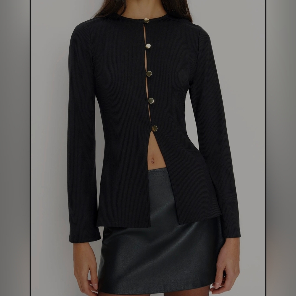 Reformation Verne Button Front Knit Top M Black